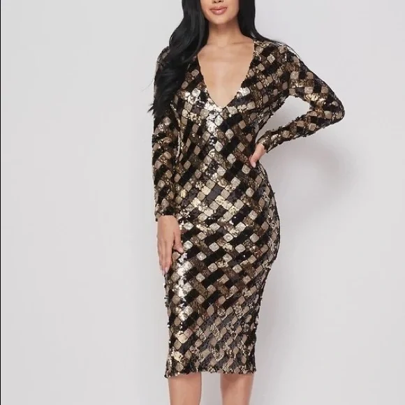 knee length dresses for ladies Rose Gold Sequin Long Sleeve Wrap Front Midi Dress